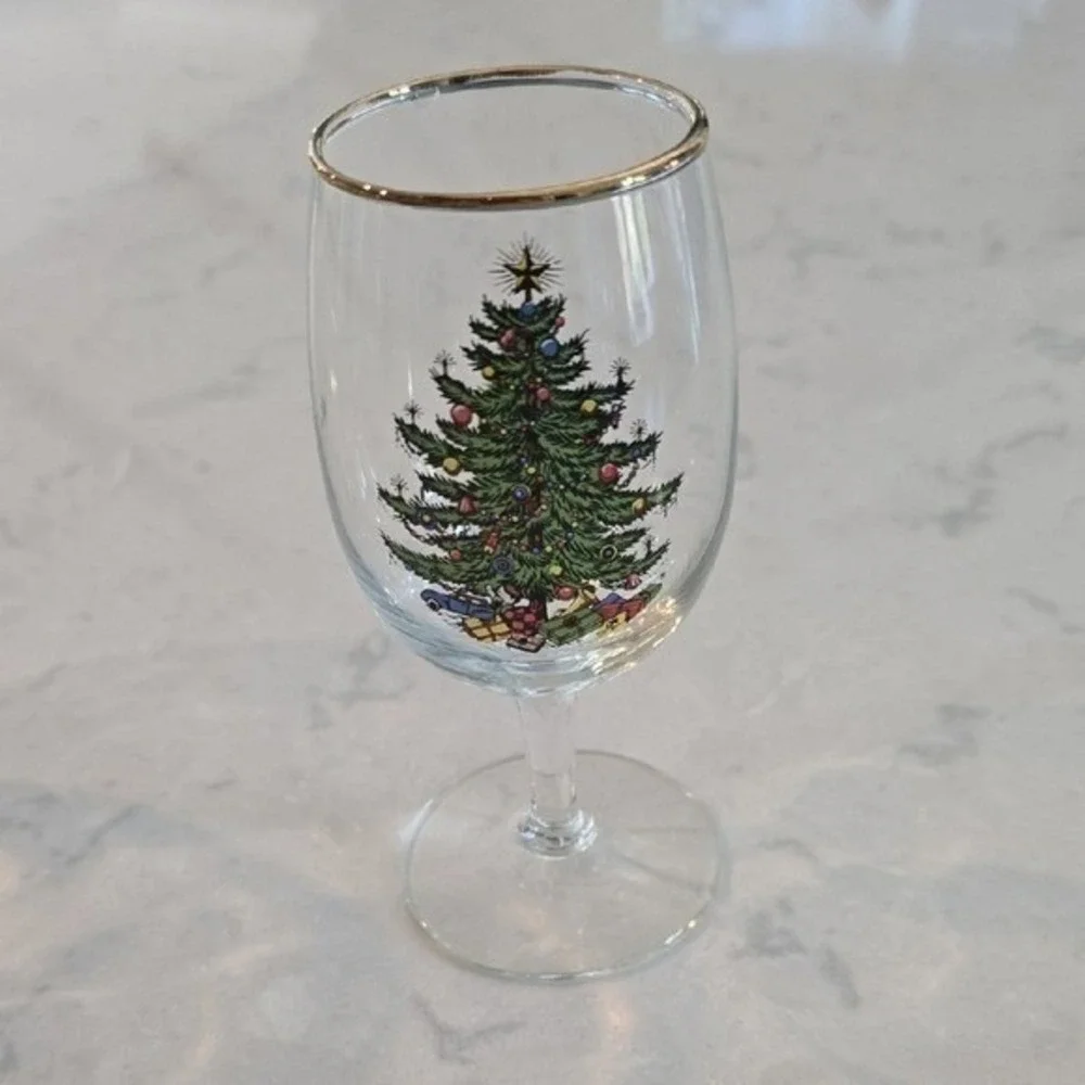 SET OF 8 Spode Christmas Tree Wine Glasses 22k Gold Rim 6.5